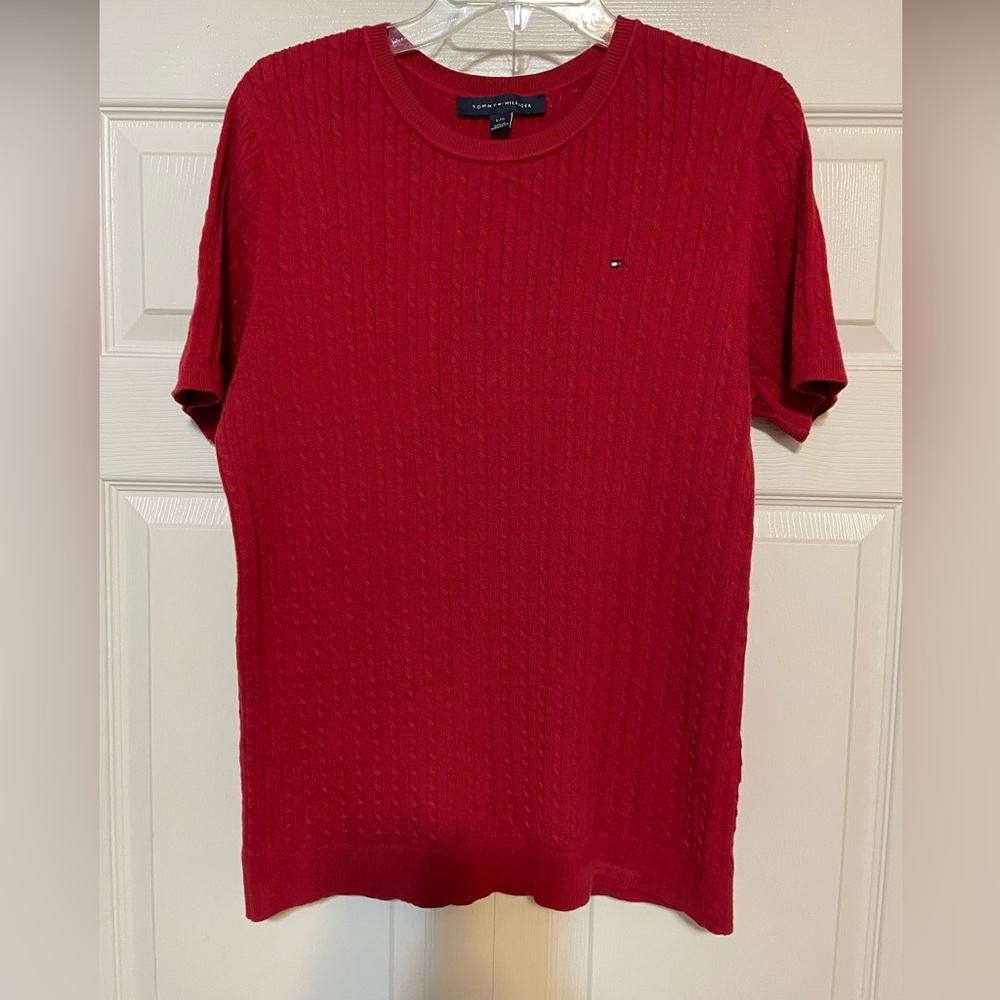 Tommy Hilfiger red short-sleeved cable knit sweater